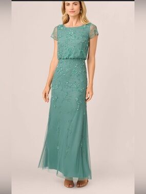 Adrianna Papell Teal Embroidered Cap-Sleeve Maxi Dress